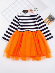 Toddler Girls Halloween Tutu Dress Ghost & Striped Print With Bowknot