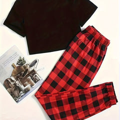 Casual Lounge Set Solid Crop Top & Plaid Joggers Pajamas