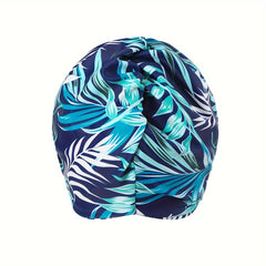 Tropical Leaf Print Ruched Swimming Hat Universal Water Sports Cap