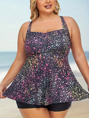 Splash Print Crisscross Back Tankini Set