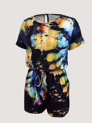 Tie Dye Drawstring Waist Romper Jumpsuit Casual Short Sleeve Romper