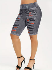 Rose & Denim Print Leggings Casual Sporty Skinny Stretchy Leggings