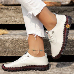 Women's Lace-Up Flat Sneakers Round Toe Faux Leather Casual Walking Shoes