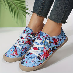 Women's Flower Pattern Canvas Lace Up Flat Sneakers