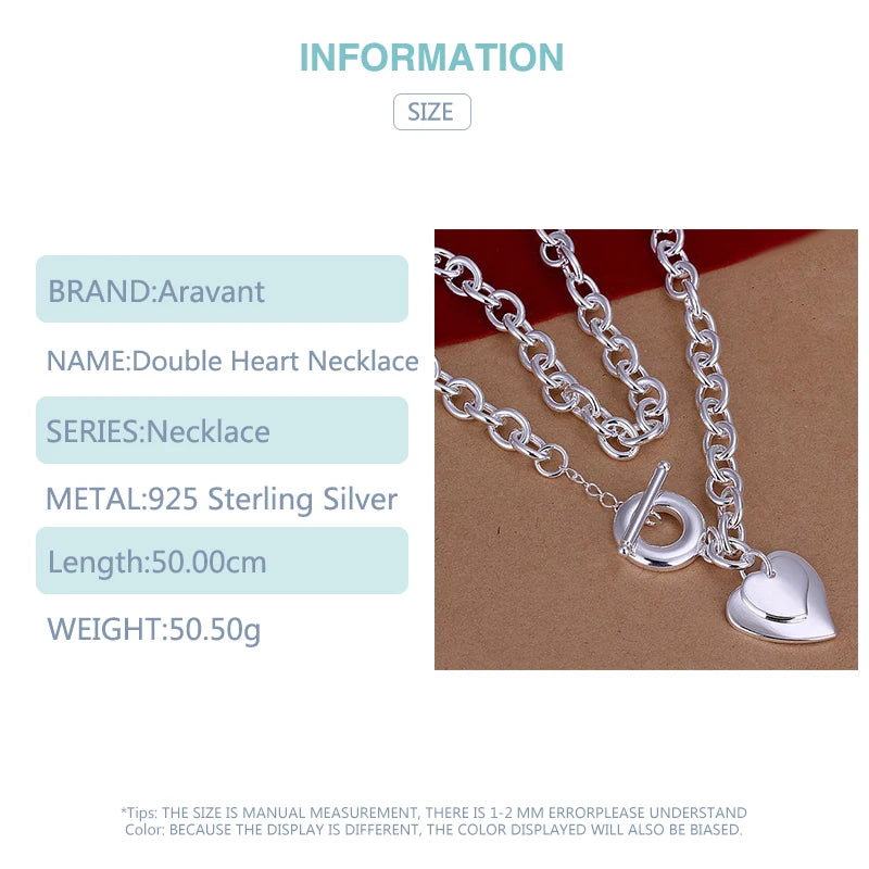 925 Silver Double Heart Necklace Chain For Women Jewelry