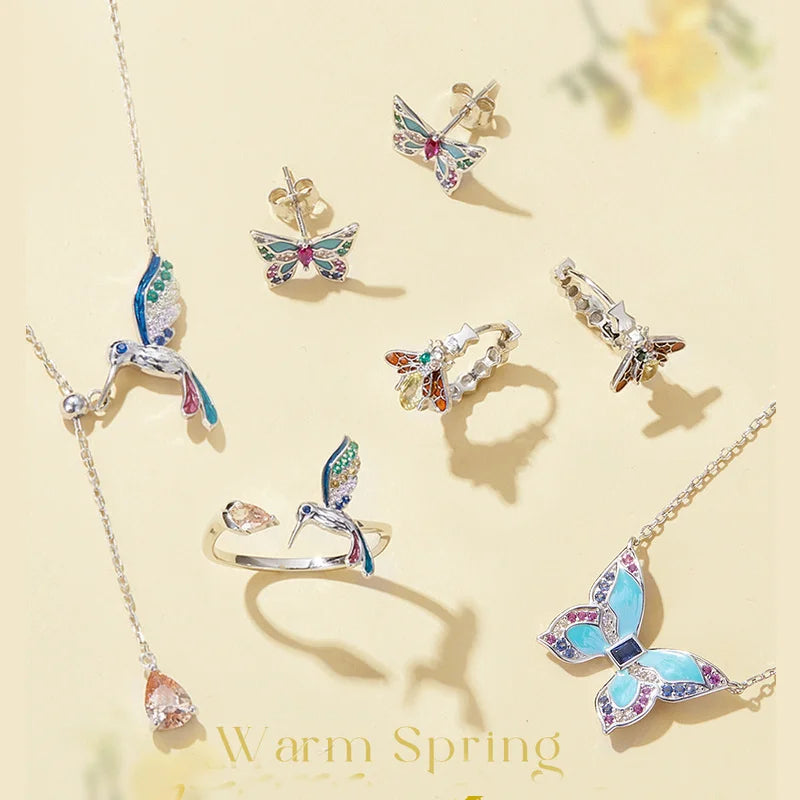 925 Silver Colorful Dragonfly Bracelet Ring Set