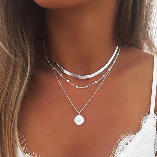 925 Silver Triple-Layer Round Necklace Snake Chain Ball Chain