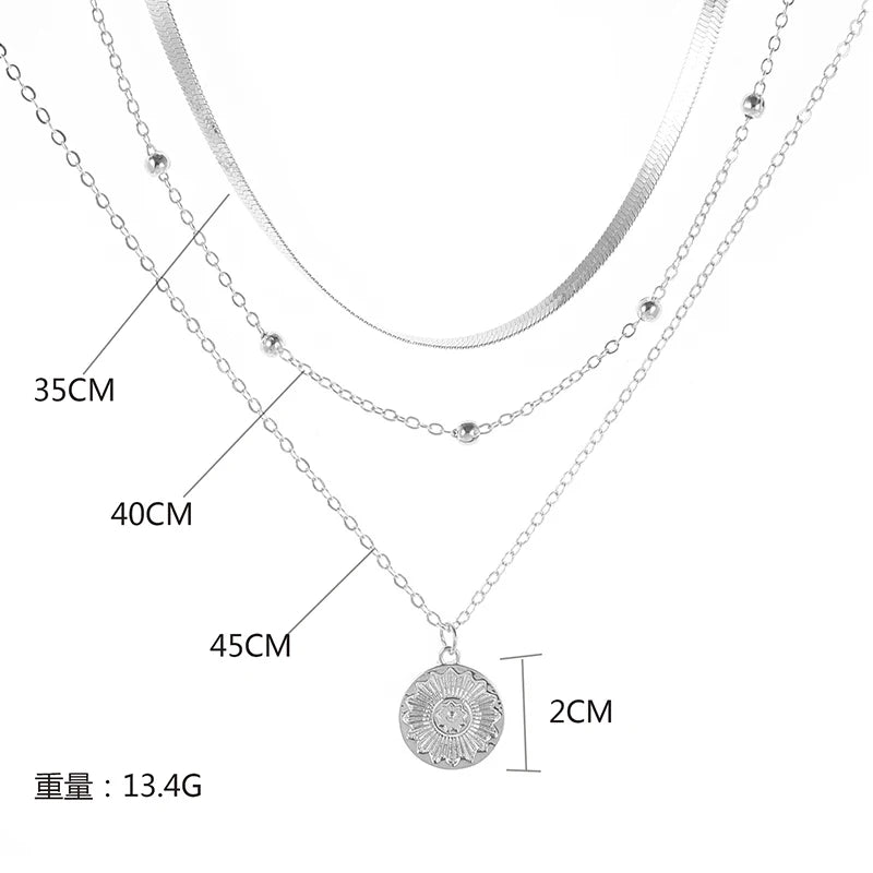 925 Silver Triple-Layer Round Necklace Snake Chain Ball Chain