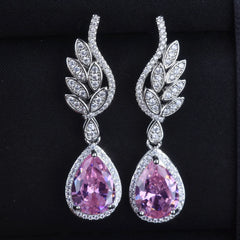 925 Silver Morganite Earrings with Water Drop Diamond Wings