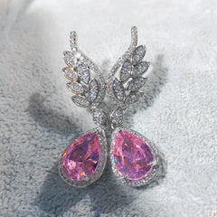 925 Silver Morganite Earrings with Water Drop Diamond Wings