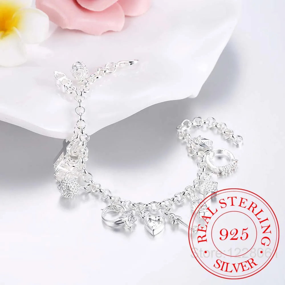 925 Silver Charms Bracelet with Zircon Heart Star Moon Flower, Women's Jewelry