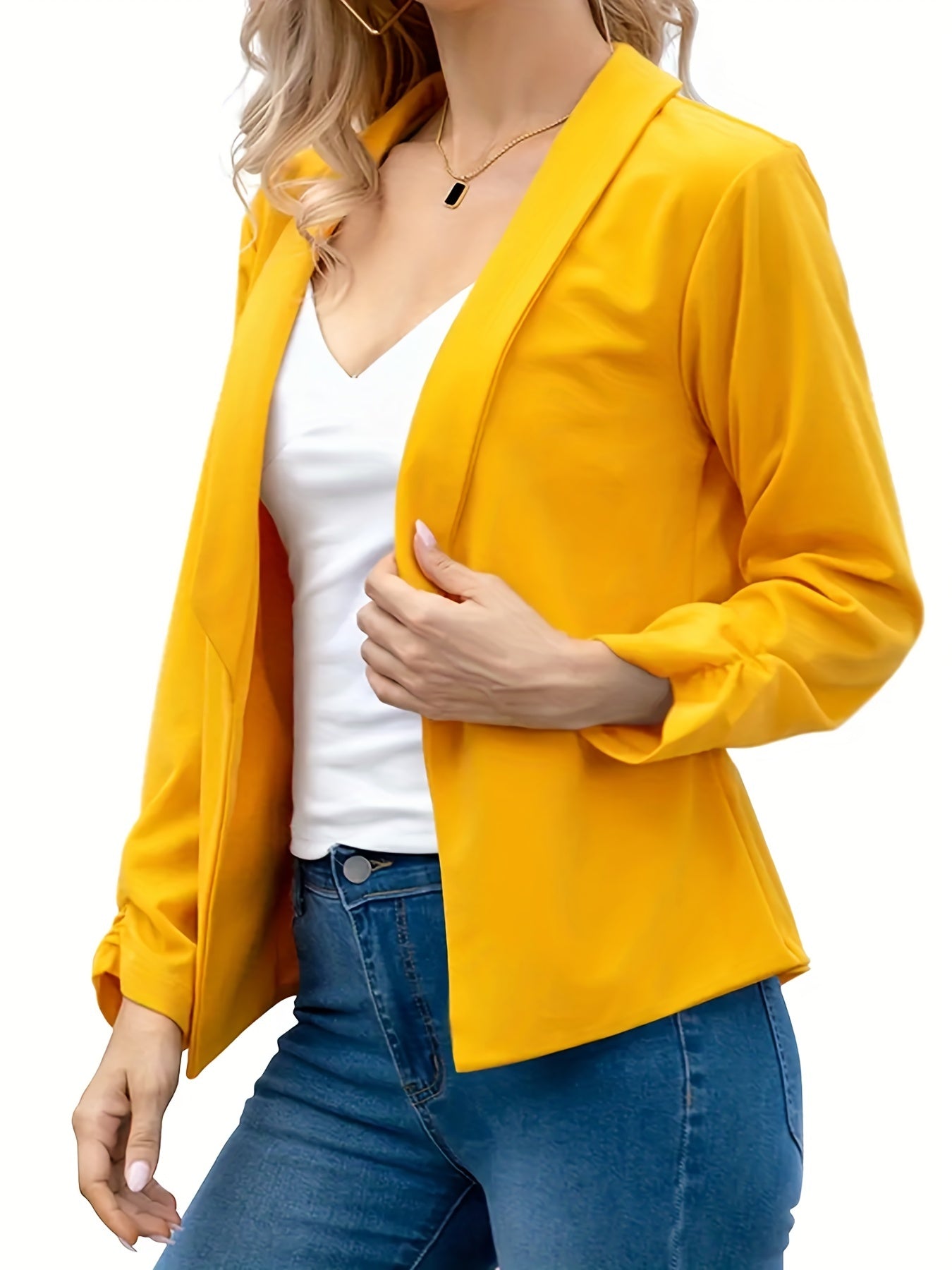 Solid Lapel Blazer Open Front Long Sleeve Work Office Outerwear