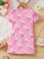 Girls Flamingo Graphic T-shirt Dress for Summer