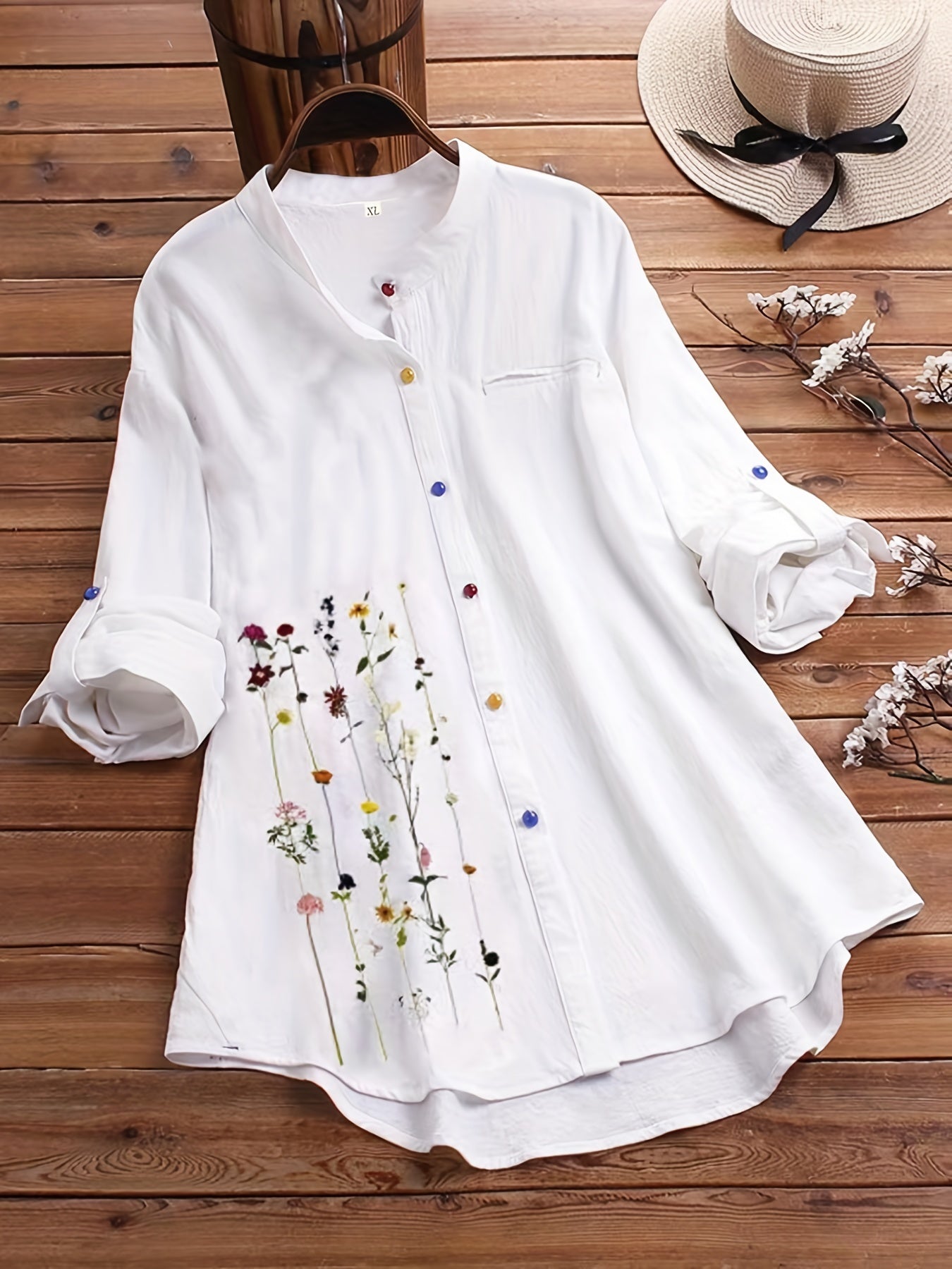 Floral Print Button Up Stand Collar Blouse