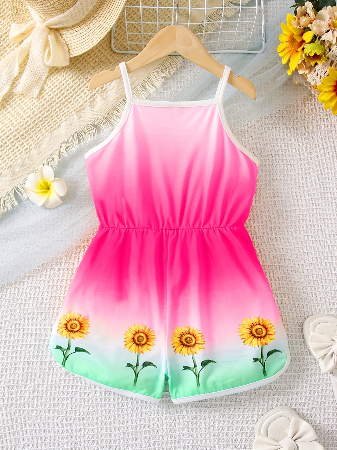 Girls Sunflower Vacation Style Cami Romper Jumpsuit
