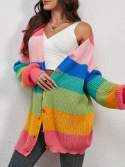 Rainbow Striped Knit Cardigan V-Neck Button Front Sweater