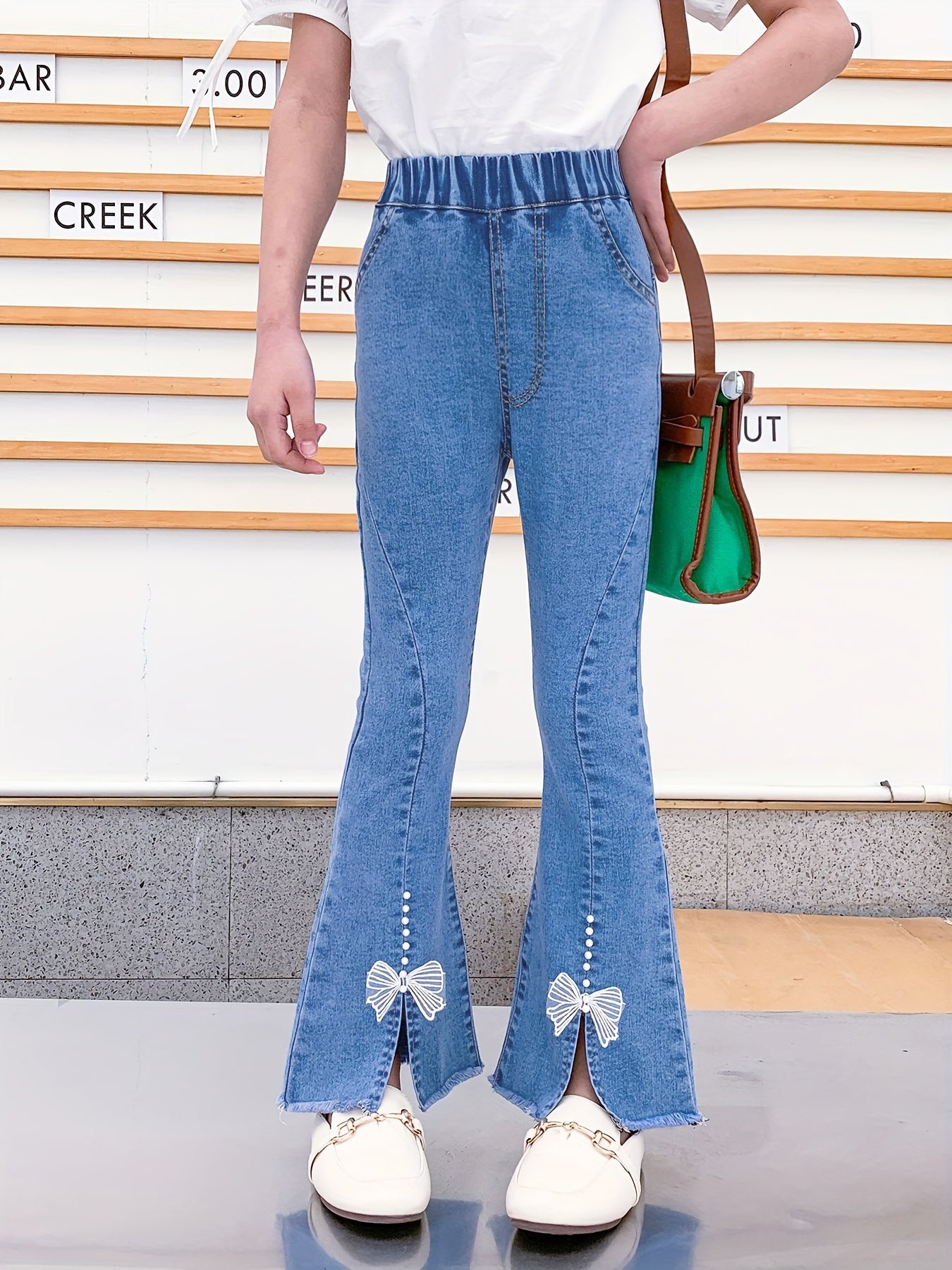 Girls Flared Denim Pants with Lace Trim for Kids