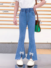 Girls Flared Denim Pants with Lace Trim for Kids