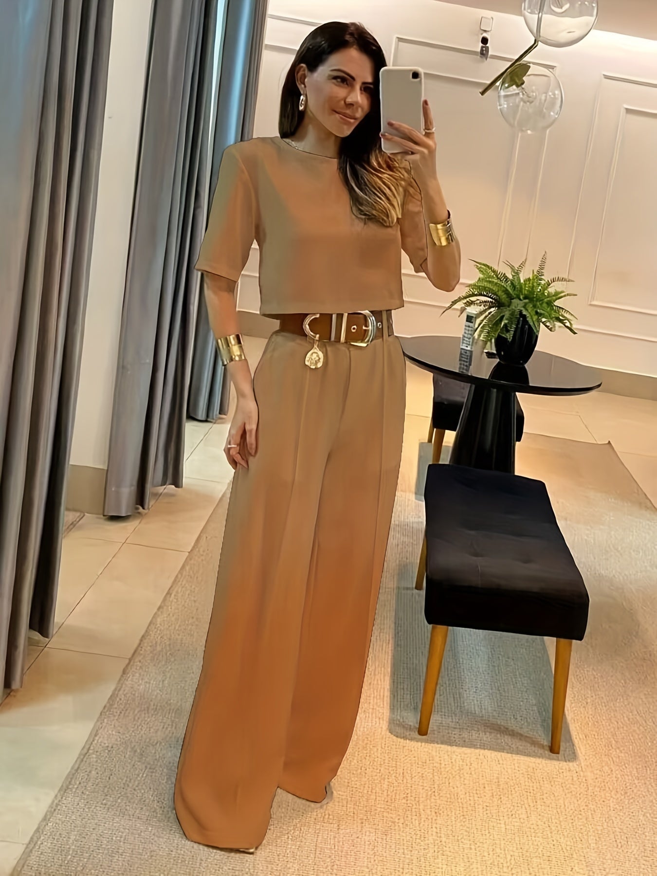 Solid Two-piece Set Short Sleeve Top and Wide Leg Pants