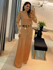 Solid Two-piece Set Short Sleeve Top and Wide Leg Pants