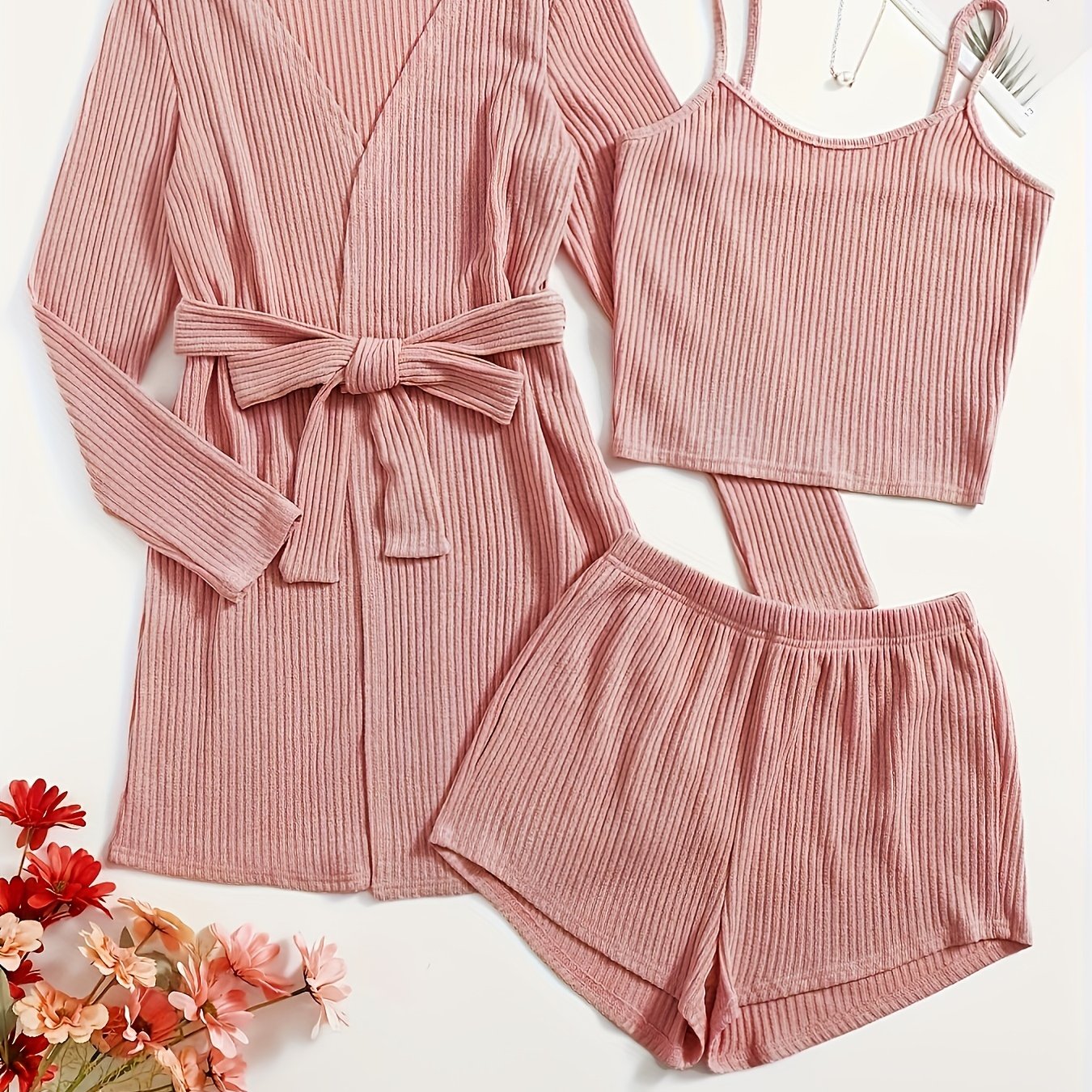 Ribbed Knit Lounge Set: Cami Top, Shorts & Bathrobe Pajama