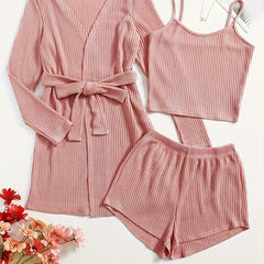 Ribbed Knit Lounge Set: Cami Top, Shorts & Bathrobe Pajama