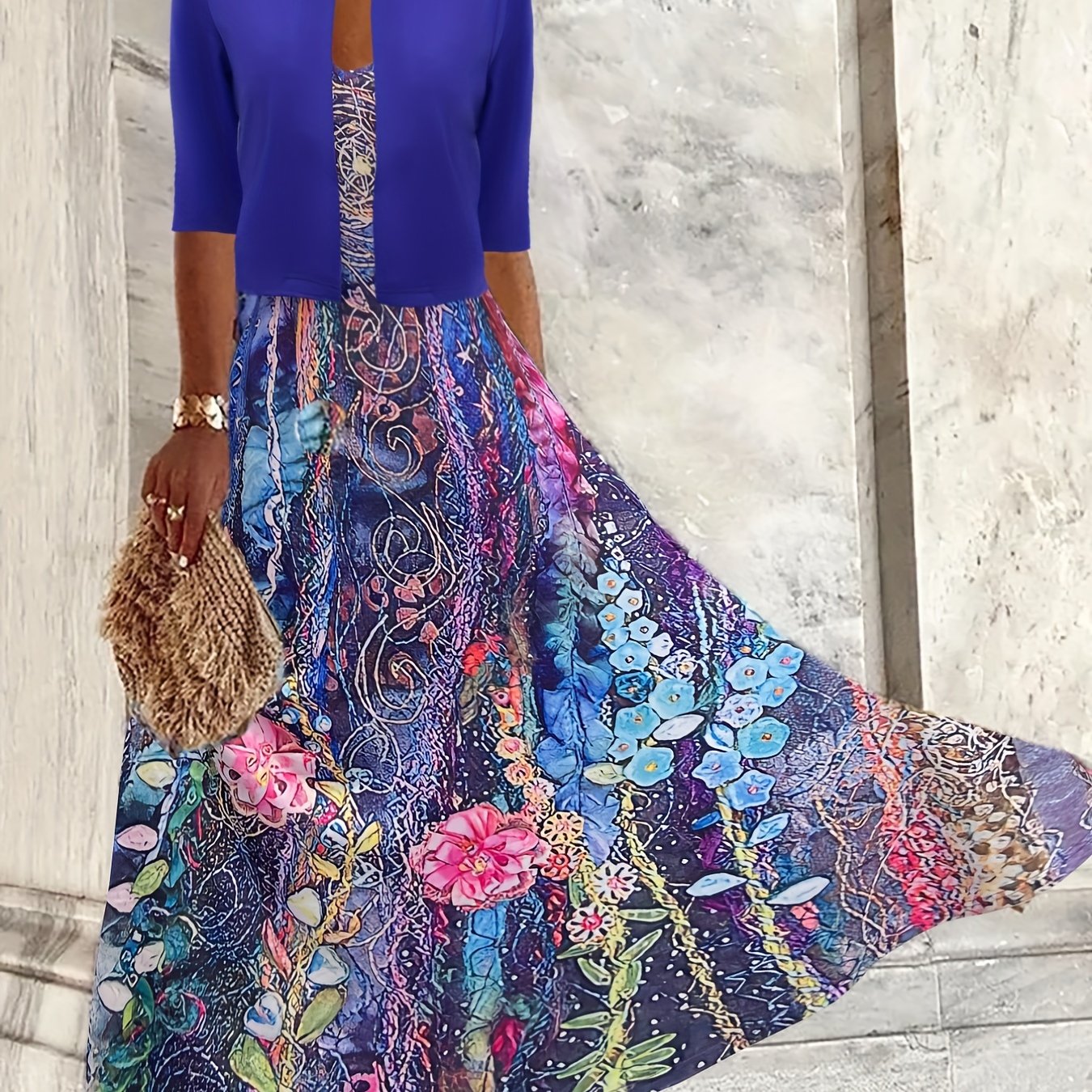 Two Piece Dress Set Solid Half Sleeve Crop Cardigan & Floral Print Cami Dress