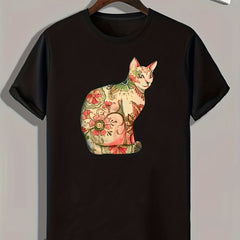 Colorful Cat Flowers Print Men's Graphic Tee Casual Comfy Summer Shirt