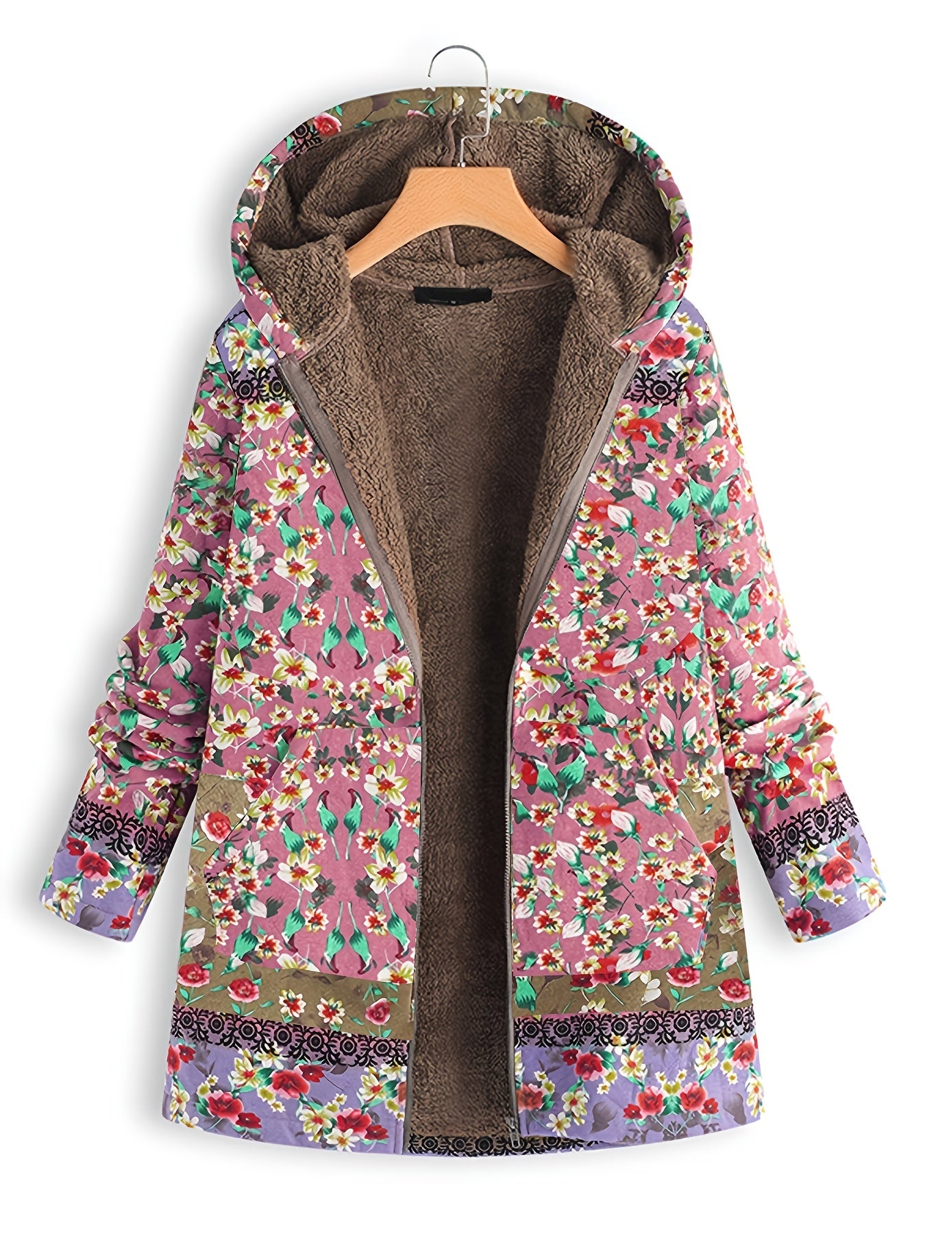 Floral Print Hooded Padded Coat Winter Outerwear