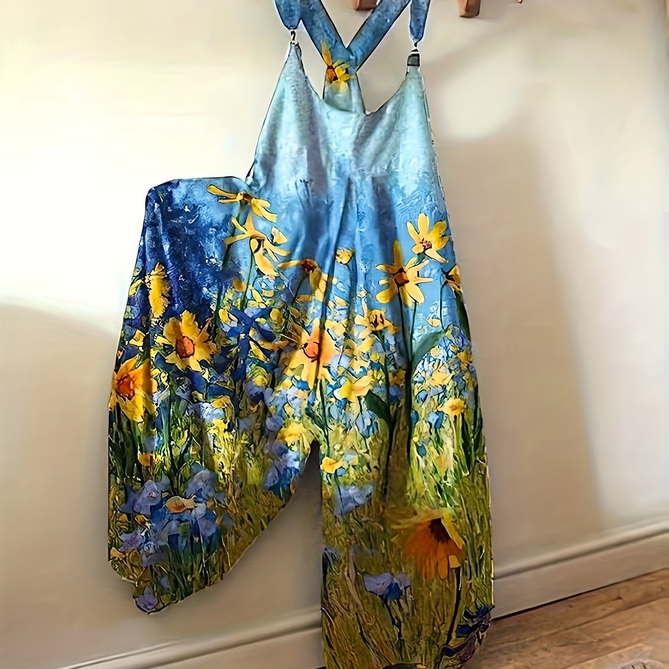 Casual Jumpsuit Women's Plus Floral Print Round Neck Wide Leg Tank Jum