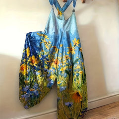 Casual Jumpsuit Women's Plus Floral Print Round Neck Wide Leg Tank Jum