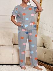 Polka Dot Pajama Set Short Sleeve Tee & Pants Lounge 2 Piece