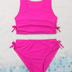 2pcs Girl's Solid Bikini Set Bowknot Bathing Suit for Beach Vacation