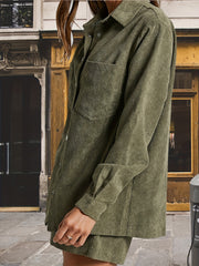Plus Solid Long Sleeve Corduroy Shirt & Shorts Set