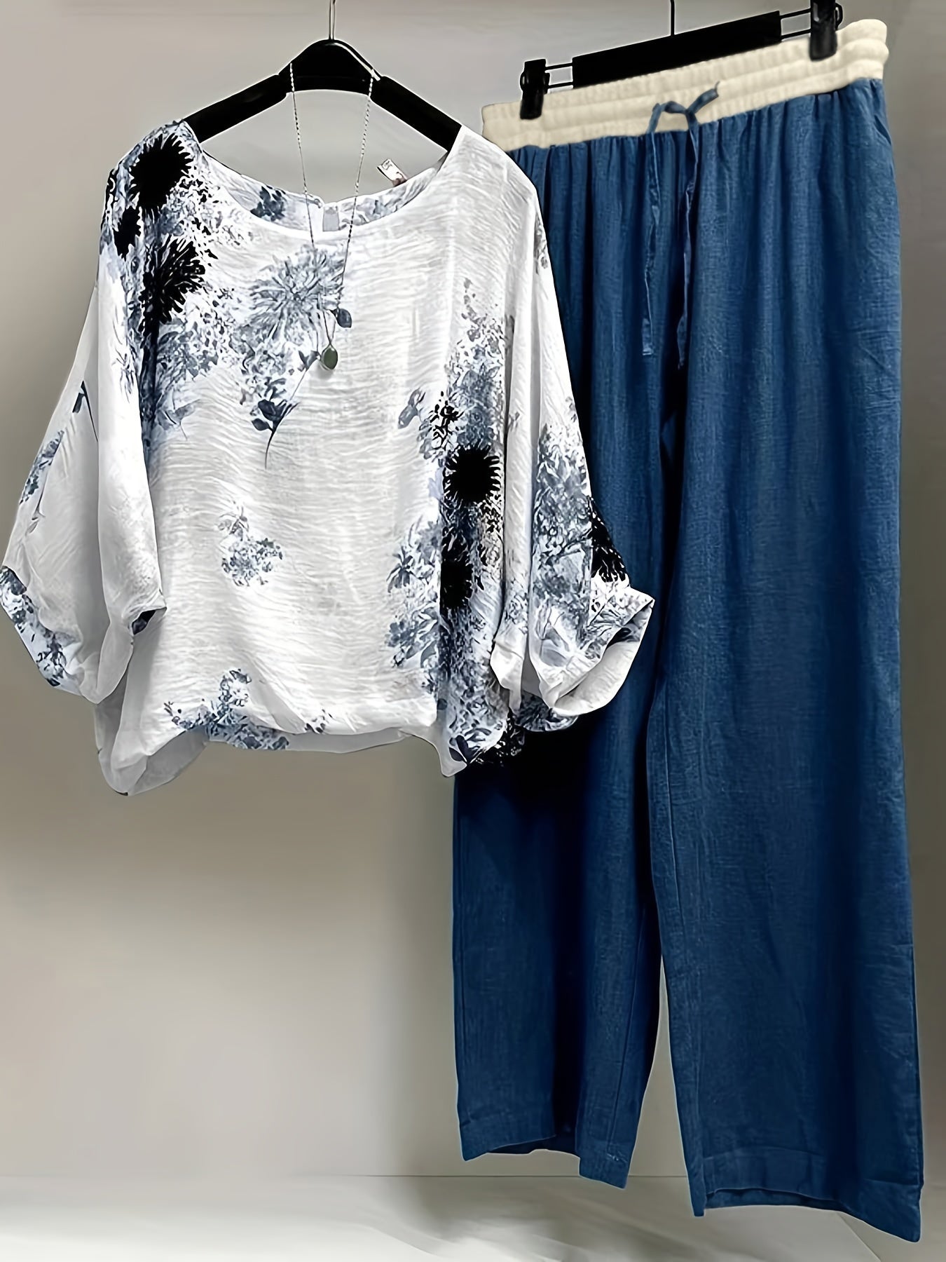Women's Plus Floral Print Top & Pants Outfits Two Piece Set