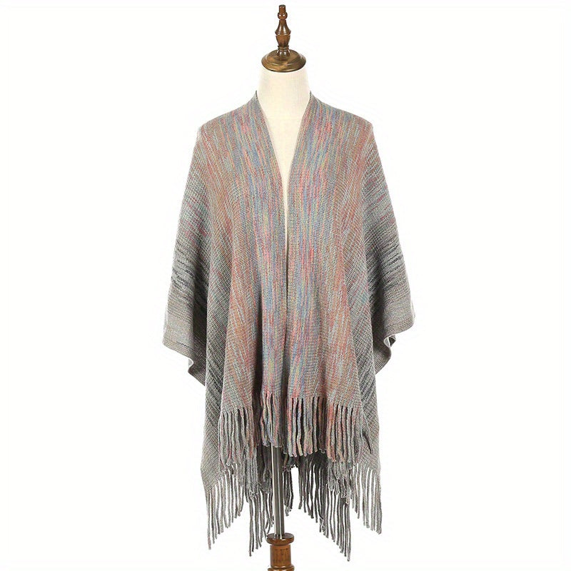Knitted Fringed Shawl Wrap Long Cardigan