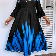 Colorblock Ombre Print Bell Sleeve Round Neck Dress