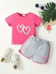 2pcs Baby Girls Heart Print T shirt & Shorts Set Summer Clothes