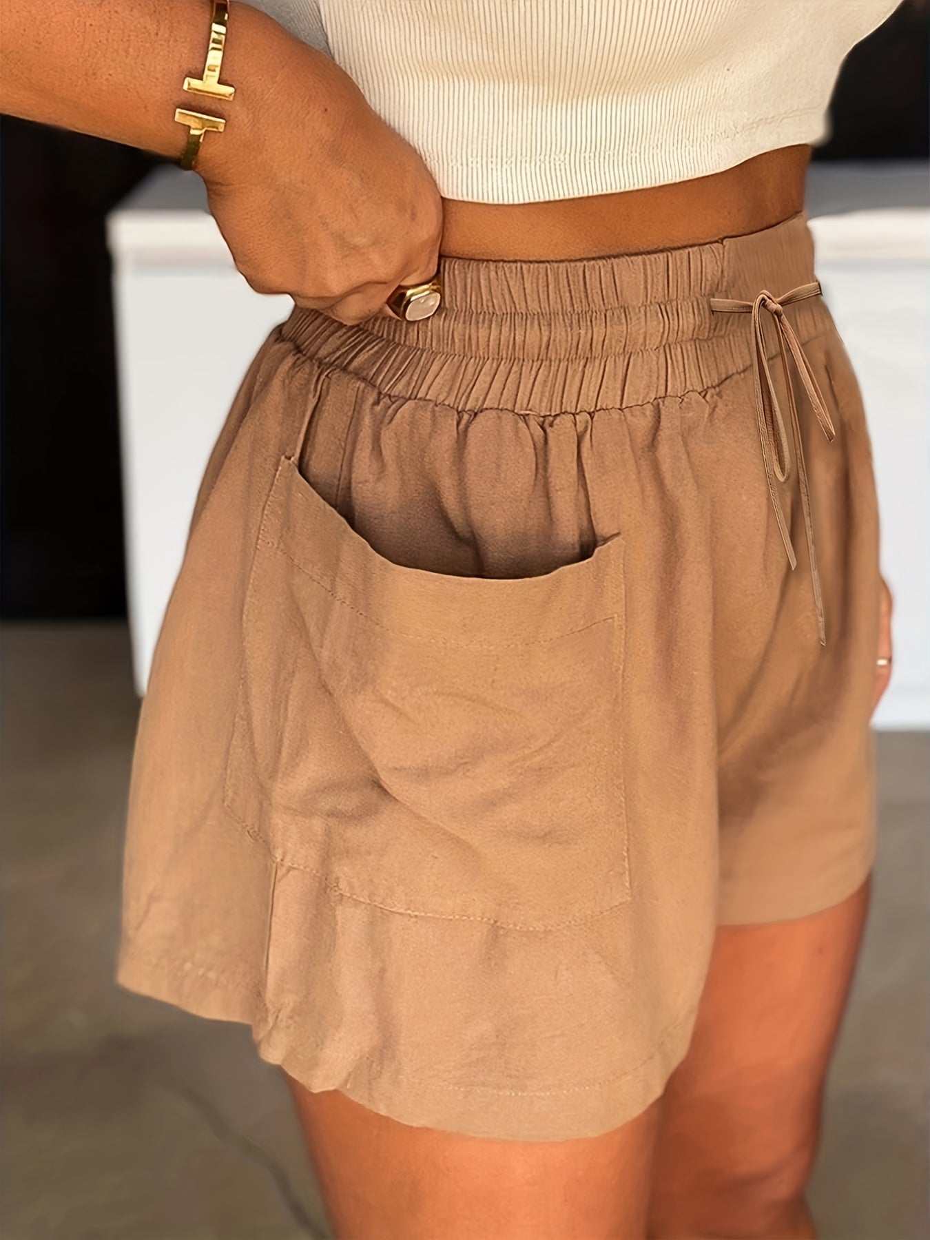 Sporty Shorts Women's Plus Elastic High Rise Pocketed Shorts