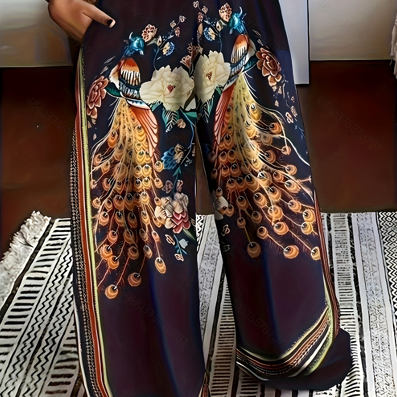 Floral Peacock Print Wide Leg Pants High Rise Retro Trousers
