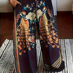 Floral Peacock Print Wide Leg Pants High Rise Retro Trousers