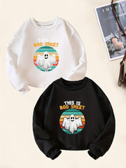 2pcs Halloween Boo Print Boys Pullover Sweatshirt Crew Neck Tops Kids Clothing