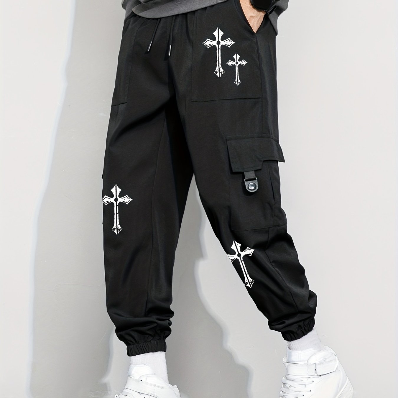 Cross Pattern Drawstring Cargo Pants Men's Joggers