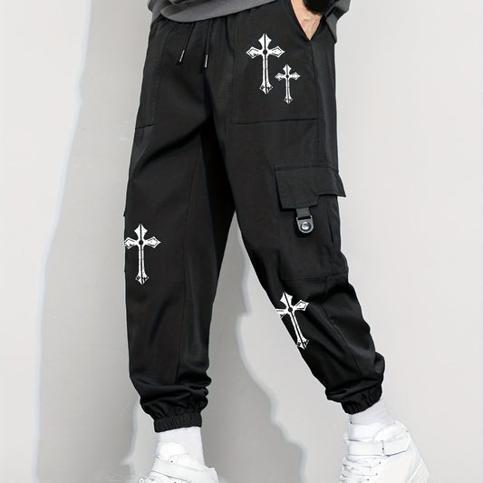 Cross Pattern Drawstring Cargo Pants Men's Joggers