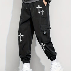 Cross Pattern Drawstring Cargo Pants Men's Joggers