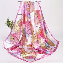 Colorful Leaf Print Square Scarf Satin Bandana Shawl Silk