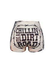 Letter Print Skinny Shorts Casual Shorts For Spring & Summer Women's Clothing