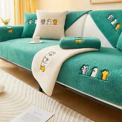Winter Sherpa Cat Paw Sofa Slipcover Plush Embroidery Boho Furniture