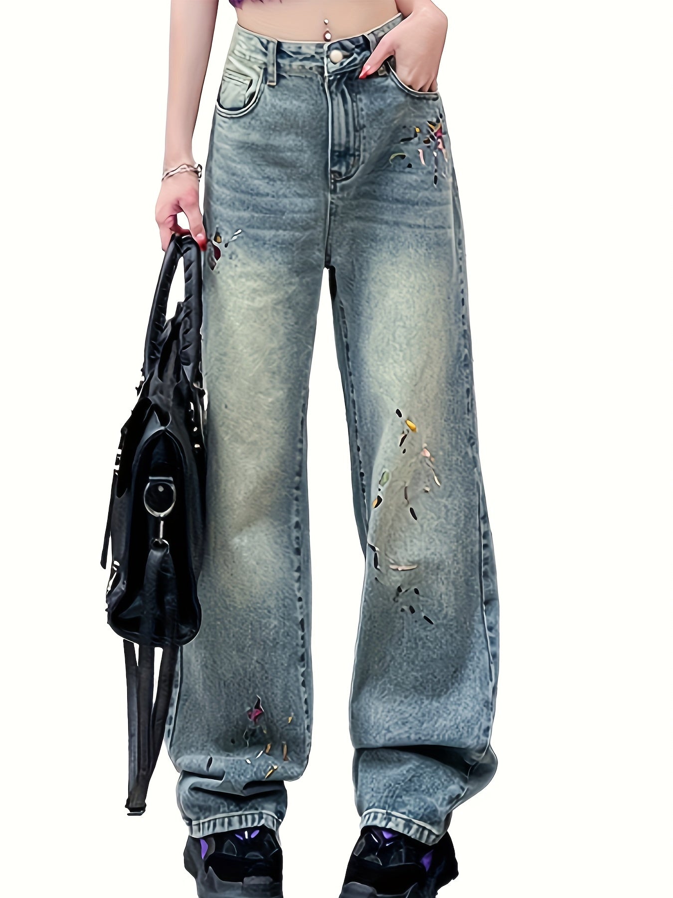 Vintage Embroidery High Rise Denim Pants Slash Pocket Wide Leg Jeans