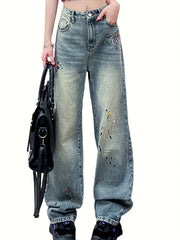 Vintage Embroidery High Rise Denim Pants Slash Pocket Wide Leg Jeans